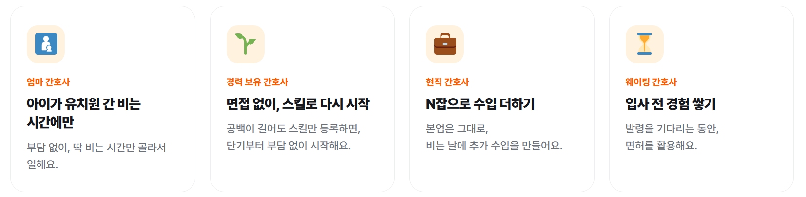 픽시프트가 맞는 간호사 네 유형. 엄마 간호사는 아이가 유치원 간 비는 시간에만, 경력 보유 간호사는 면접 없이 스킬로 다시 시작, 현직 간호사는 N잡으로 수입 더하기, 웨이팅 간호사는 입사 전 경험 쌓기.