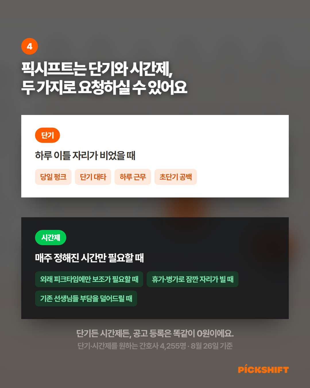 픽시프트는 단기와 시간제, 두 가지로 요청하실 수 있어요. 단기는 하루 이틀 자리가 비었을 때, 시간제는 매주 정해진 시간만 필요할 때